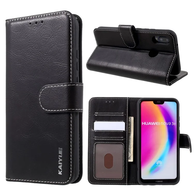 KAIYUE Genuine Leather Wallet Cell Phone Cover with Stand for Huawei P20 Lite / Nova 3e - Black