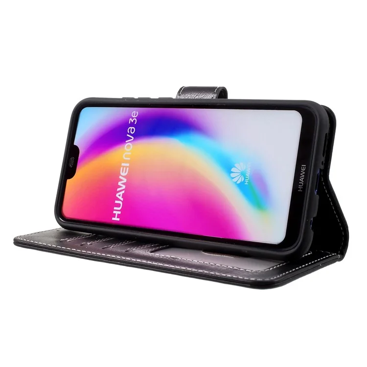 KAIYUE Genuine Leather Wallet Cell Phone Cover with Stand for Huawei P20 Lite / Nova 3e - Black
