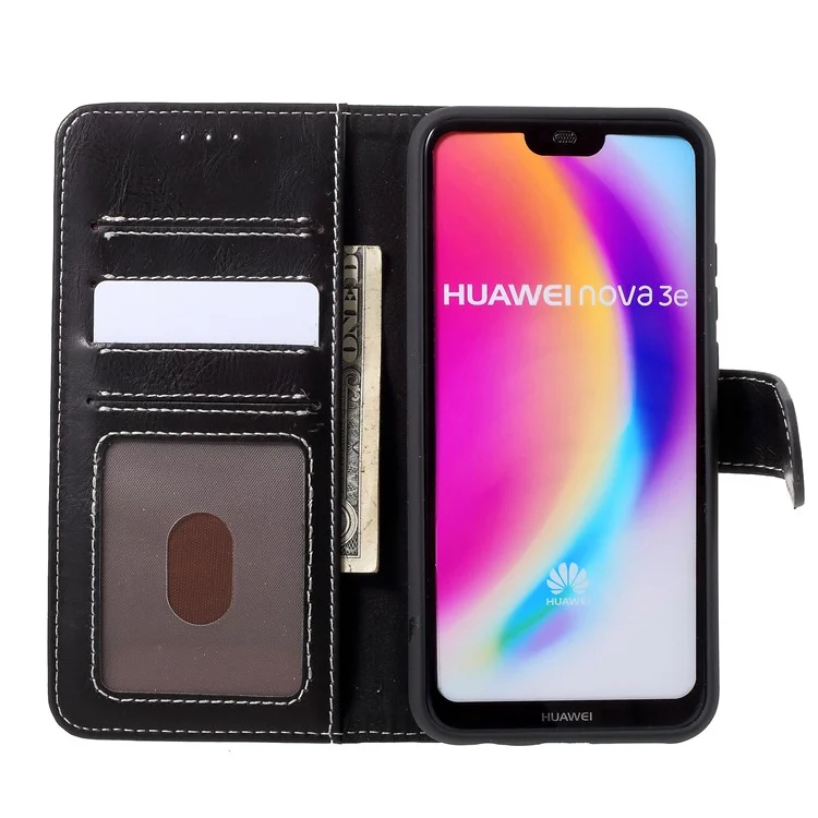 KAIYUE Genuine Leather Wallet Cell Phone Cover with Stand for Huawei P20 Lite / Nova 3e - Black