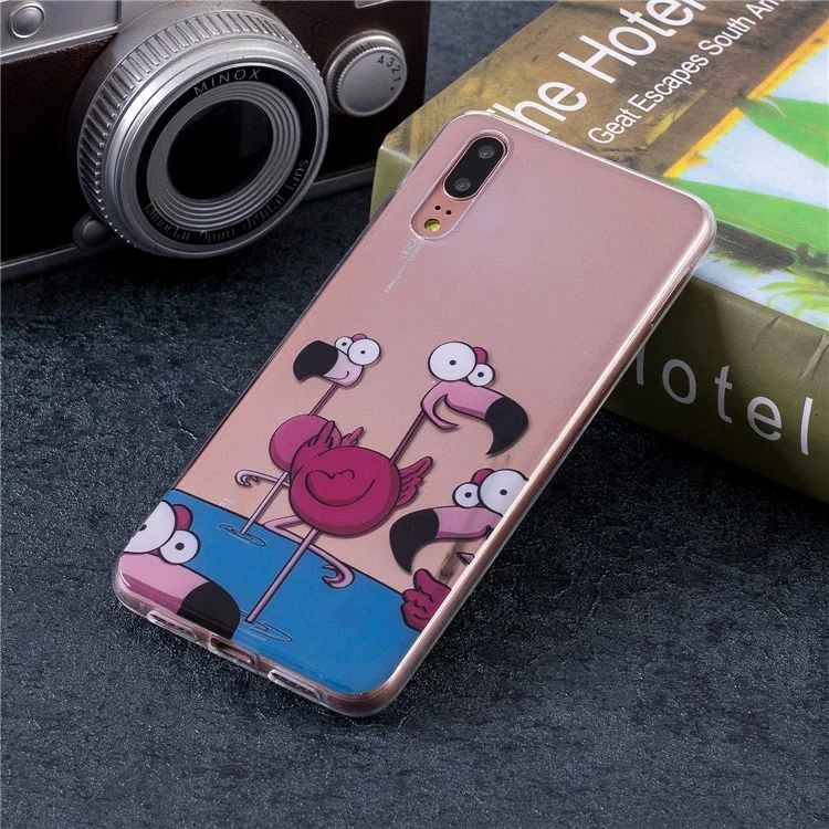 Pattern Printing IMD TPU Back Lightweight Casing for Huawei P20 - Cartoon Flamingo
