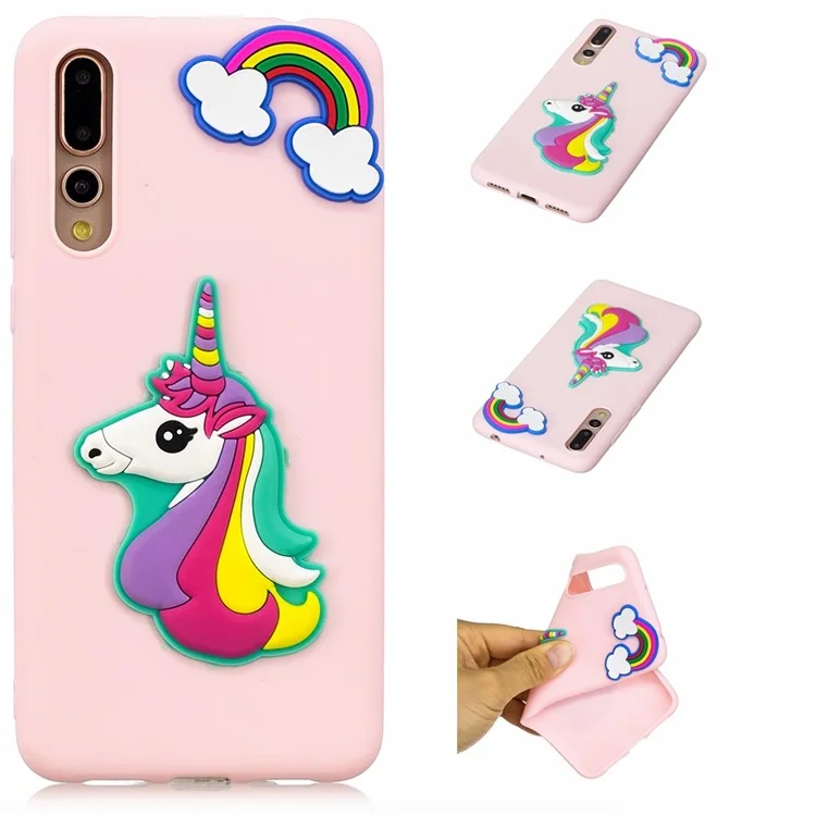 3D Cute Silicone Doll Pattern TPU Cell Phone Case for Huawei P20 Pro - Unicorn and Rainbow Pink Background