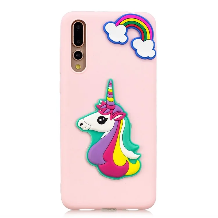 3D Cute Silicone Doll Pattern TPU Cell Phone Case for Huawei P20 Pro - Unicorn and Rainbow Pink Background
