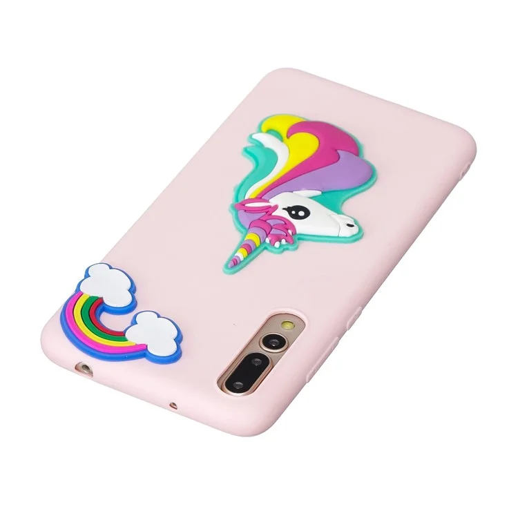 3D Cute Silicone Doll Pattern TPU Cell Phone Case for Huawei P20 Pro - Unicorn and Rainbow Pink Background