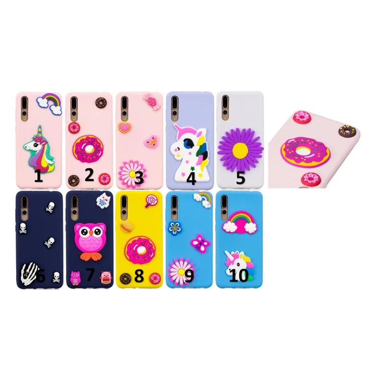 3D Cute Silicone Doll Pattern TPU Cell Phone Case for Huawei P20 Pro - Unicorn and Rainbow Pink Background