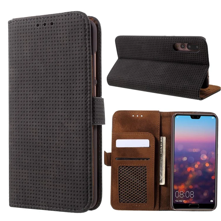 Mesh Pattern Retro Leather Wallet Stand Case for Huawei P20 Pro - Grey