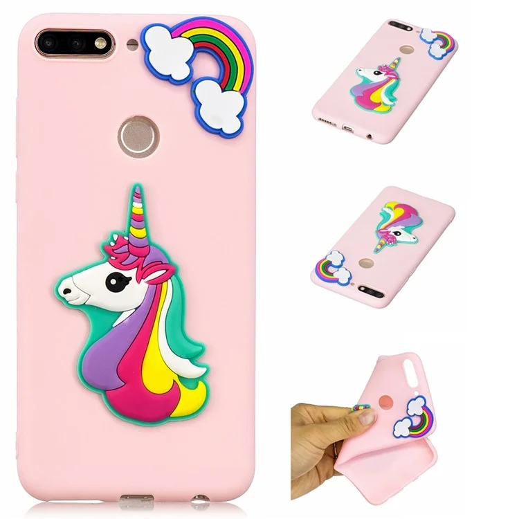3D Cute Silicone Doll Pattern TPU Cell Phone Case for Huawei Honor 7C/Enjoy 8 - Unicorn and Rainbow Pink Background