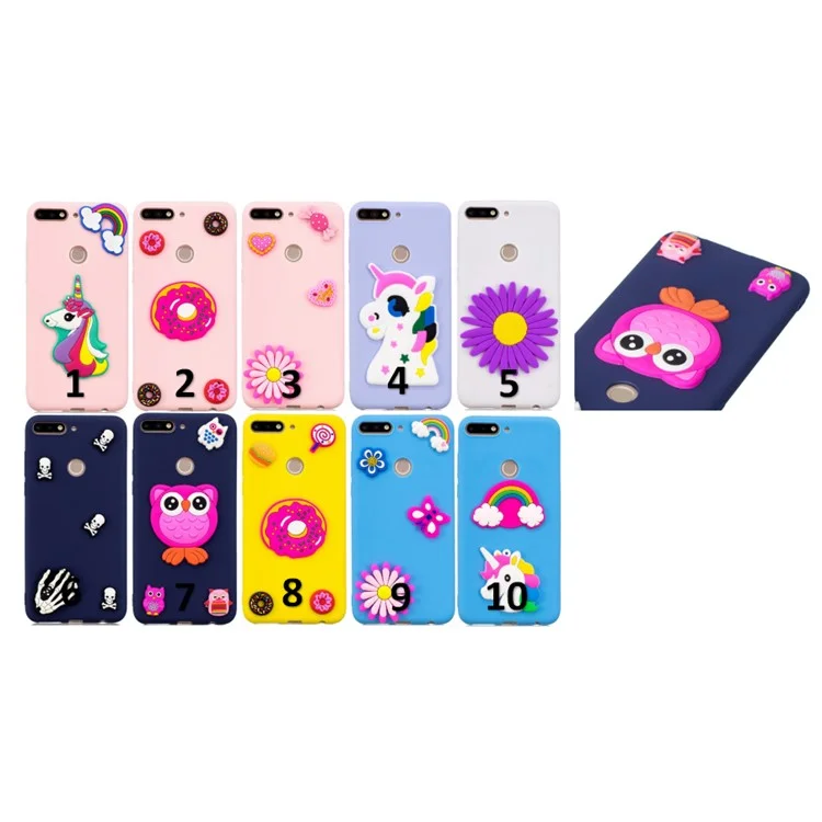 3D Cute Silicone Doll Pattern TPU Cell Phone Case for Huawei Honor 7C/Enjoy 8 - Unicorn and Rainbow Pink Background
