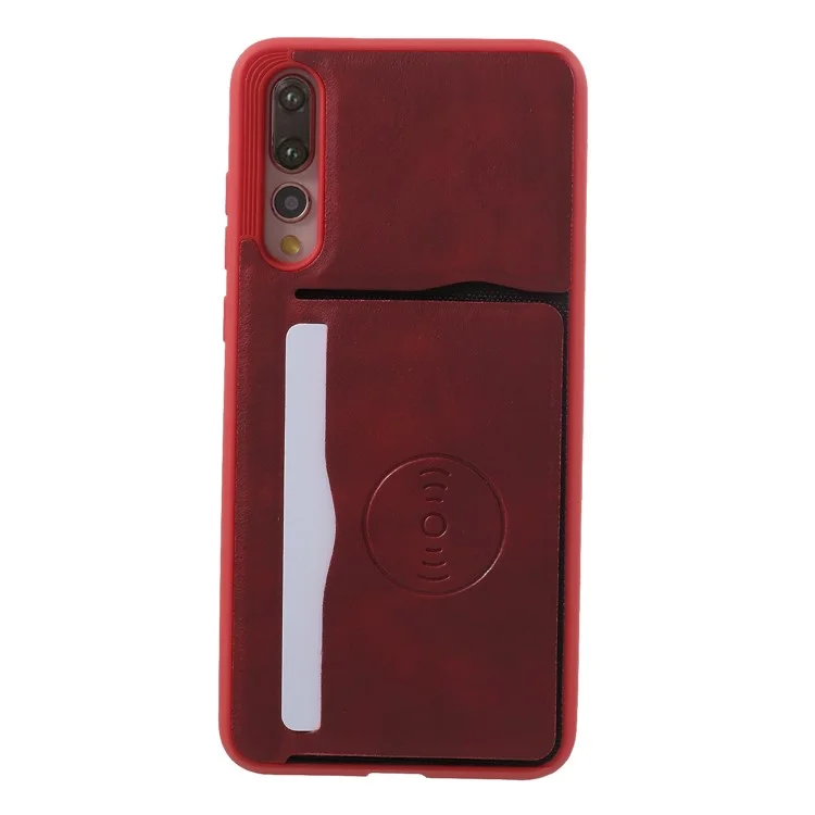 Card Holder Leather Coated TPU Case with Kickstand for Huawei P20 Pro Built-in Magnetic Sheet - Red