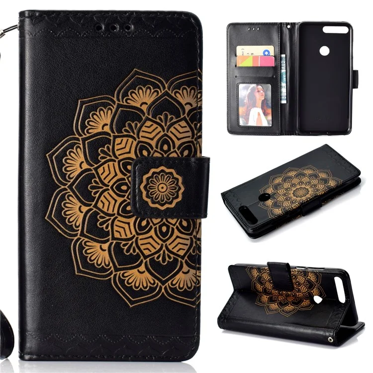 Imprint Mandala Pattern PU Leather Mobile Phone Shell for Huawei Honor 7C / Enjoy 8 - Black