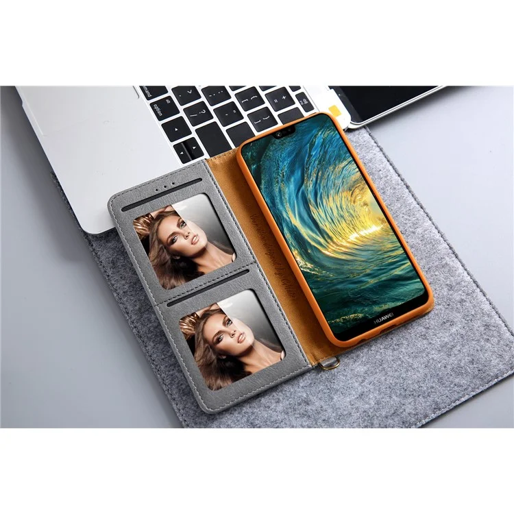 Capa Protetora de Couro PU com Suporte e Slots para Cartões para Huawei P20 - Cinza