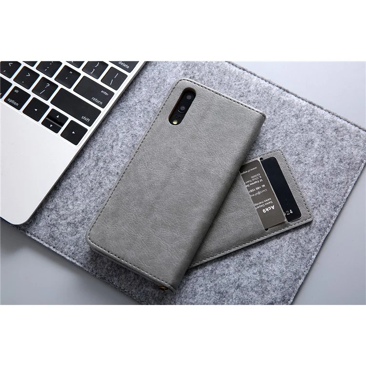 Capa Protetora de Couro PU com Suporte e Slots para Cartões para Huawei P20 - Cinza