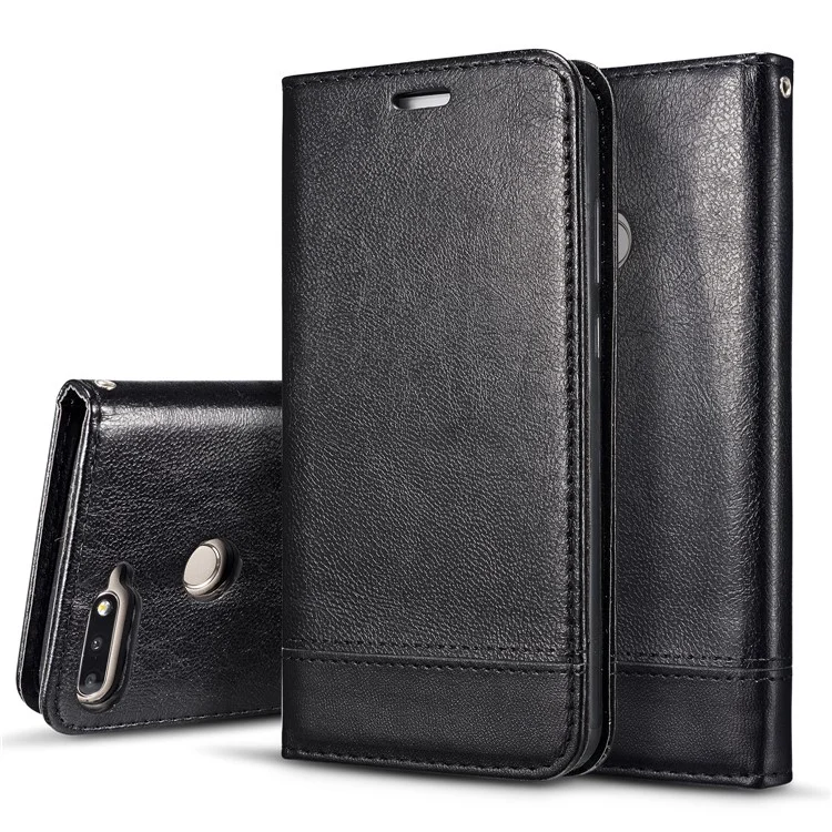 Splicing PU Leather Auto-absorbed Stand Case with Card Slots for Huawei Honor 7A (with Fingerprint Sensor)/Honor 7A Pro/Enjoy 8e - Black