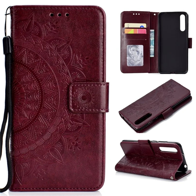 For Huawei P20 Pro Imprinted Mandala Pattern PU Leather Magnetic Folio Stand Cover - Brown
