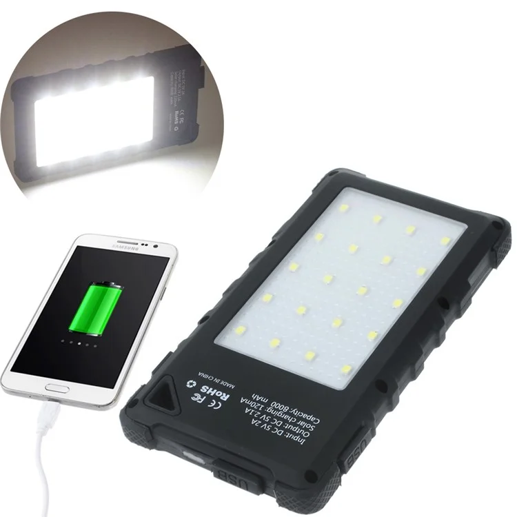 8000mAh Waterproof Dual USB Solar Power Bank with LED Lights for iPhone Samsung HTC - Black