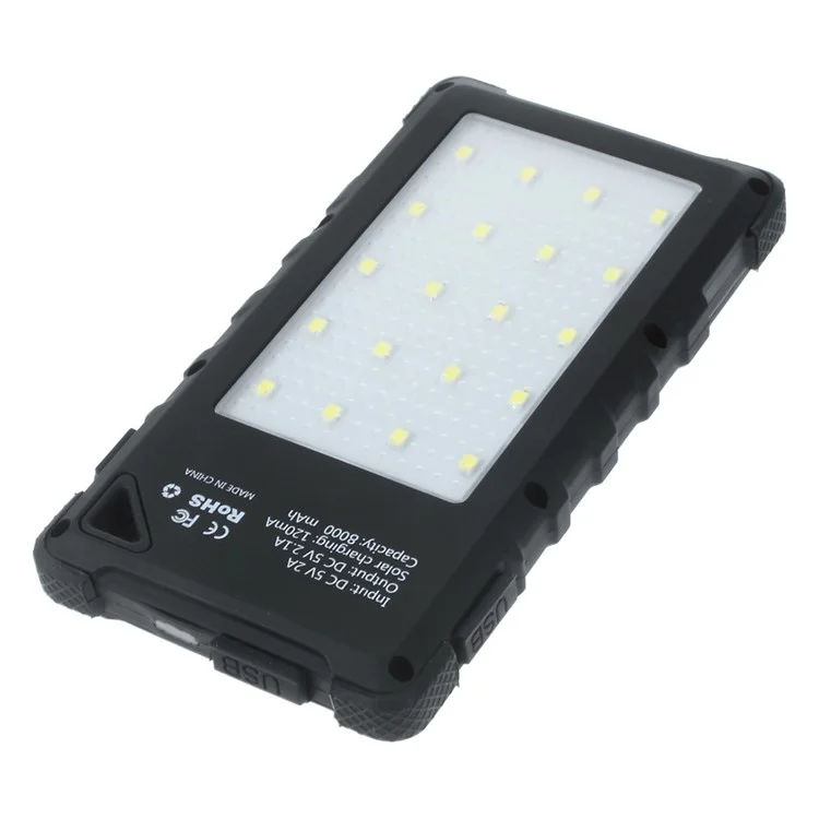 8000mAh Waterproof Dual USB Solar Power Bank with LED Lights for iPhone Samsung HTC - Black