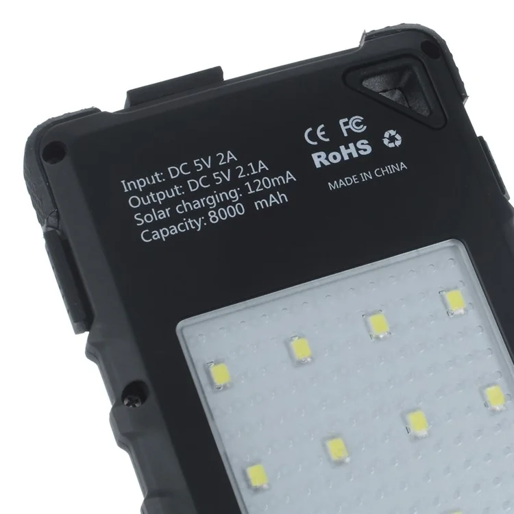 8000mAh Waterproof Dual USB Solar Power Bank with LED Lights for iPhone Samsung HTC - Black