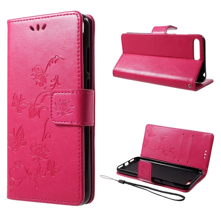 Imprint Butterfly Flower Wallet Stand Leather Case for Huawei Y6 (2018)/Honor 7A (without Fingerprint Sensor) - Rose