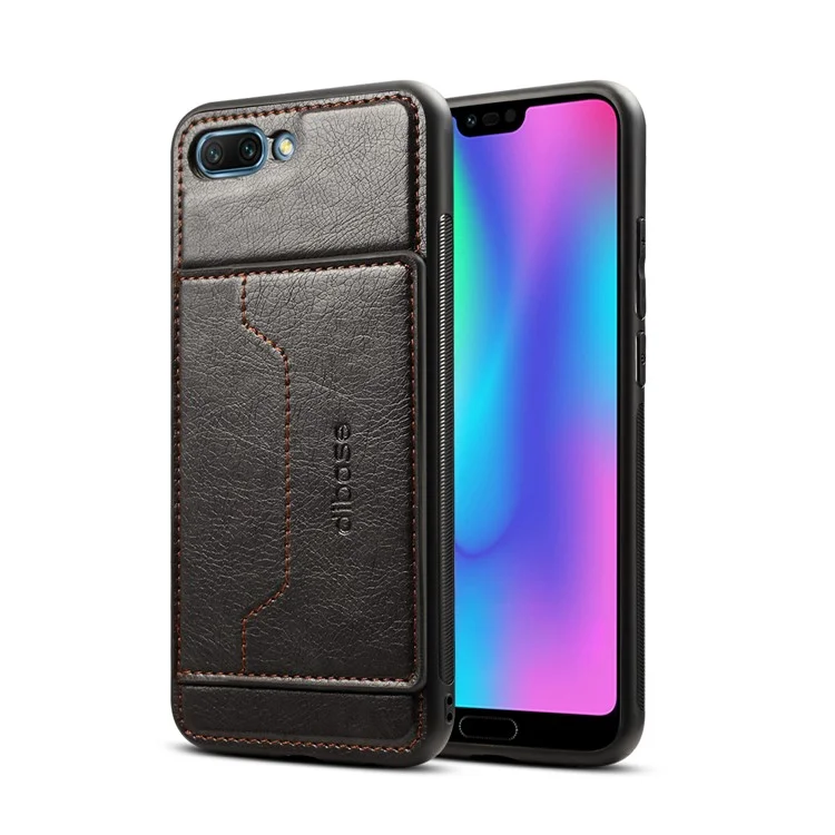 Crazy Horse Texture Leather Coated TPU Card Holder Kickstand Case for Huawei Honor 10 - Black