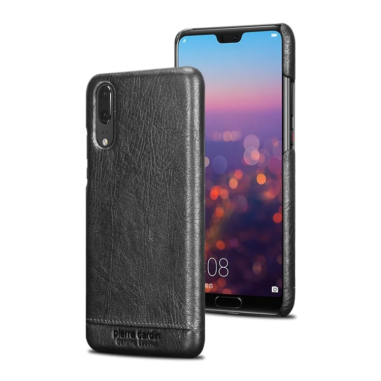 PIERRE CARDIN for Huawei P20 Horizontal Stitched Genuine Leather Coated Plastic Case - Black