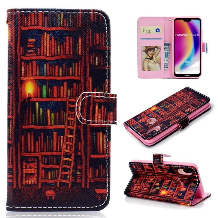 Pattern Printing Magnetic Leather Stand Case for Huawei P20 Lite / Nova 3e - Books Shelf