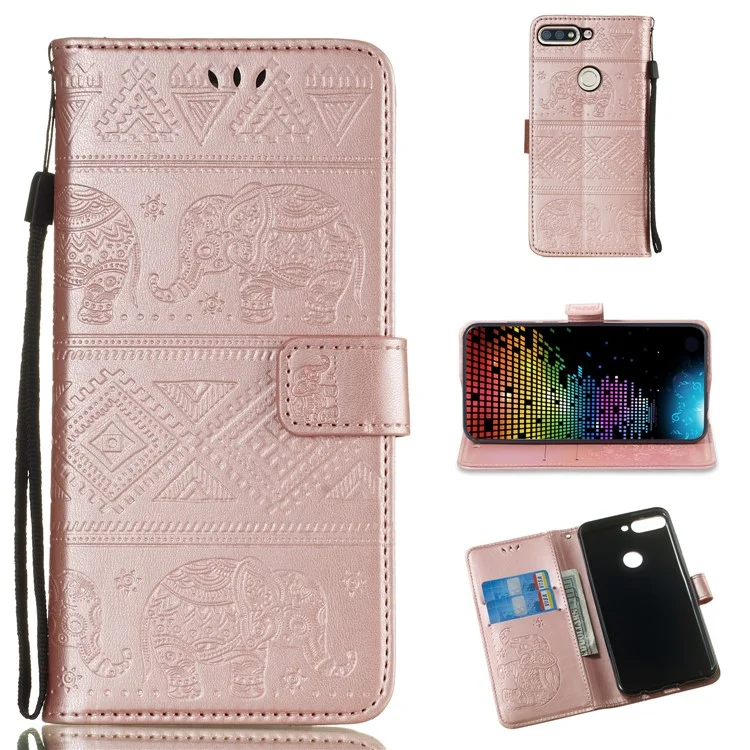 Imprinted Elephant Flip Leather Wallet Stand Casing for Huawei Y7 Prime (2018) / Honor 7C / Enjoy 8 / nova 2 lite - Rose Gold