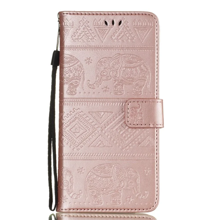Imprinted Elephant Flip Leather Wallet Stand Casing for Huawei Y7 Prime (2018) / Honor 7C / Enjoy 8 / nova 2 lite - Rose Gold