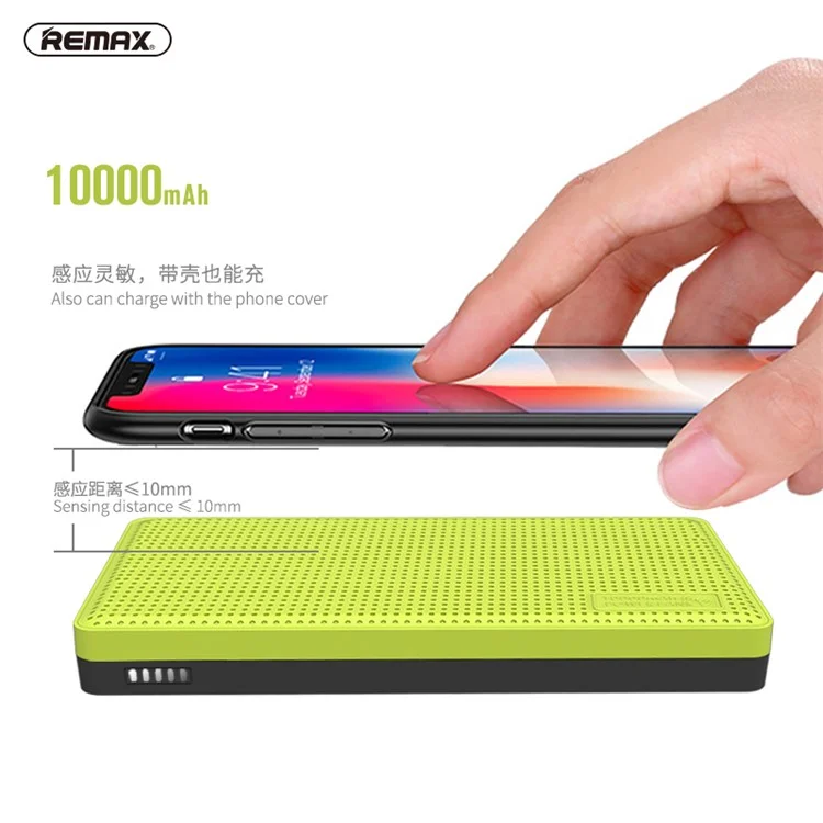 REMAX RPP-103 Qi Wireless Charger Pad 10000mAh Power Bank for iPhone 8/Samsung Galaxy S8 etc. - Green