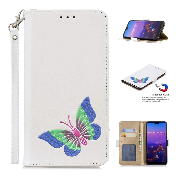 For Huawei P20 Pro Butterfly Pattern Leather Wallet Stand Phone Casing - White