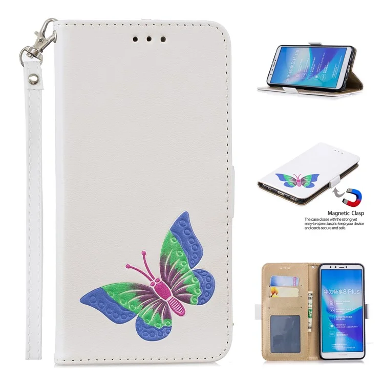 Butterfly Pattern Leather Wallet Stand Phone Cover for Huawei Y9 (2018)/Enjoy 8 Plus - White