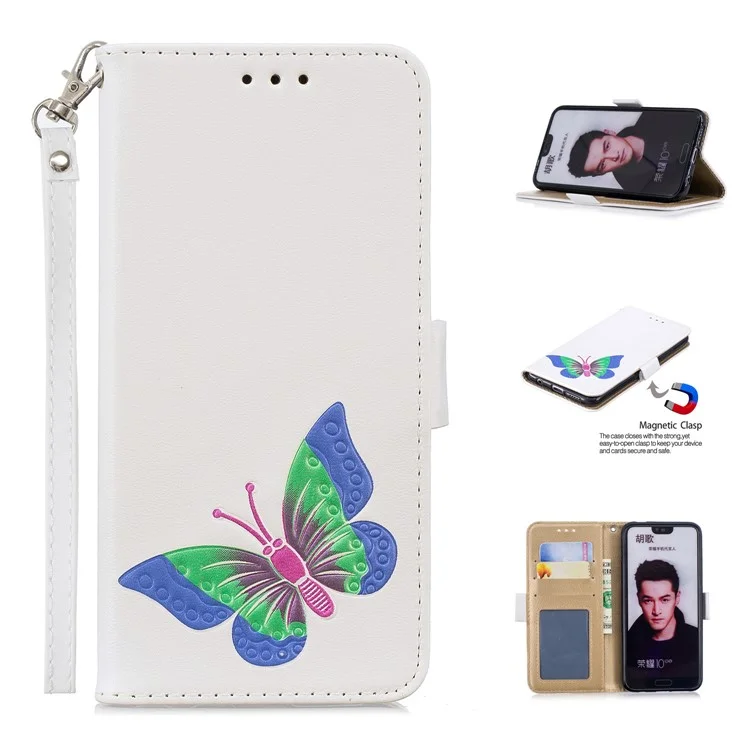 Butterfly Pattern Leather Wallet Stand Phone Cover for Huawei Honor 10 - White