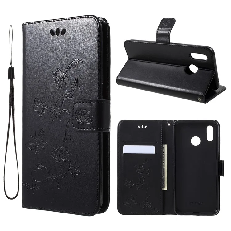 Imprint Butterfly Flower Wallet Stand Leather Shell for Huawei Honor Play - Black