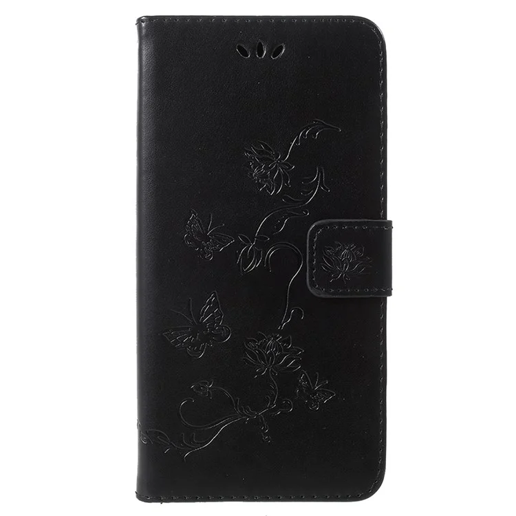 Imprint Butterfly Flower Wallet Stand Leather Shell for Huawei Honor Play - Black