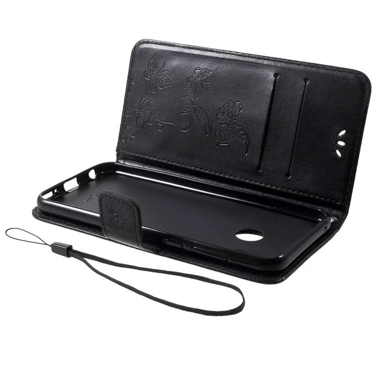 Imprint Butterfly Flower Wallet Stand Leather Shell for Huawei Honor Play - Black