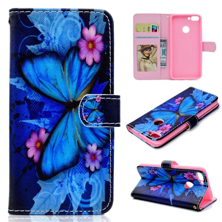 Pattern Printing Wallet Leather Stand Mobile Cover for Huawei Honor 7C / Enjoy 8 - Blue Butterfly and Flower
