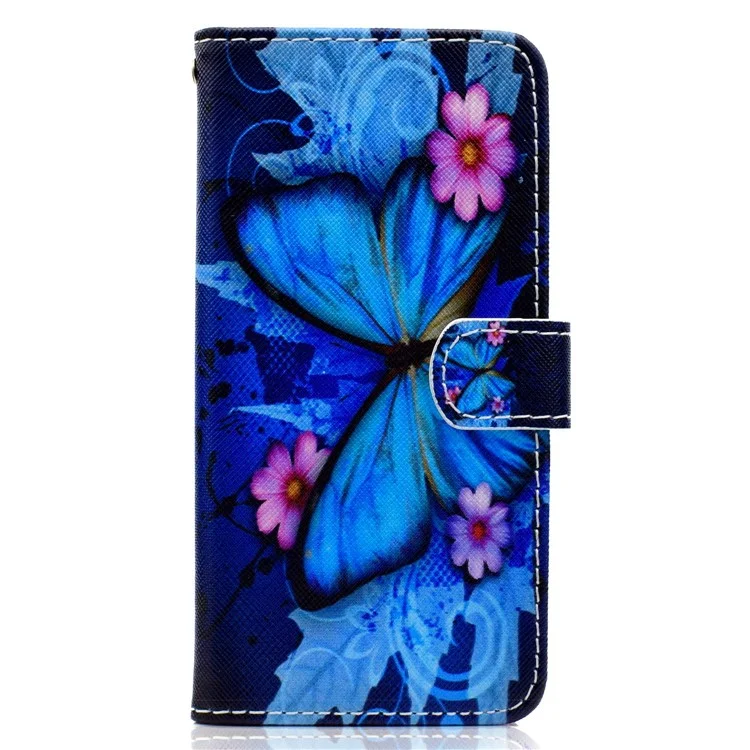 Pattern Printing Wallet Leather Stand Mobile Cover for Huawei Honor 7C / Enjoy 8 - Blue Butterfly and Flower
