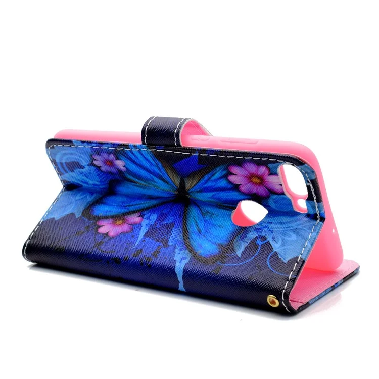 Pattern Printing Wallet Leather Stand Mobile Cover for Huawei Honor 7C / Enjoy 8 - Blue Butterfly and Flower