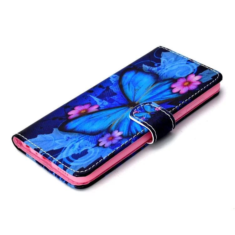 Pattern Printing Wallet Leather Stand Mobile Cover for Huawei Honor 7C / Enjoy 8 - Blue Butterfly and Flower