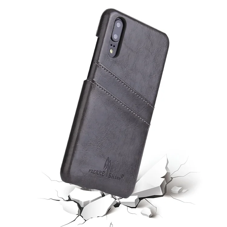 FIERRE SHANN Oil Wax Leather Coated PC Shell for Huawei P20 with Card Holder - Black