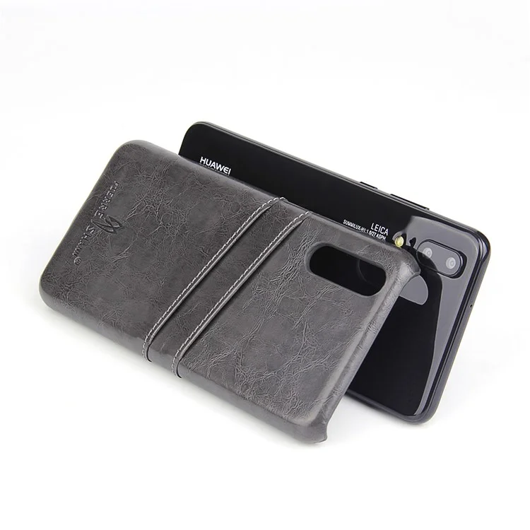 FIERRE SHANN Oil Wax Leather Coated PC Shell for Huawei P20 with Card Holder - Black