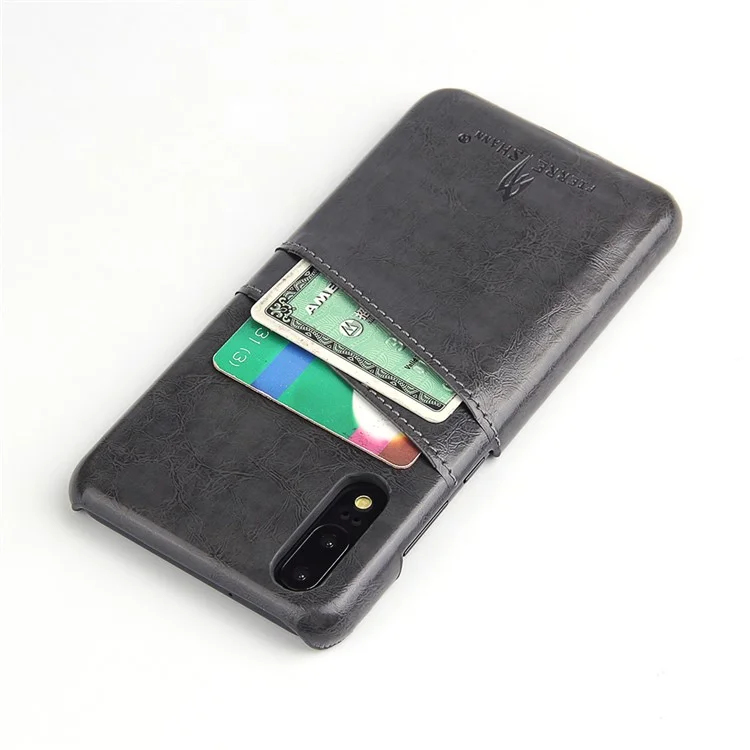 FIERRE SHANN Oil Wax Leather Coated PC Shell for Huawei P20 with Card Holder - Black
