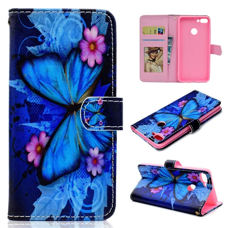 Pattern Printing Phone Leather Wallet Case for Huawei Y9 (2018) / Enjoy 8 Plus - Blue Butterfly