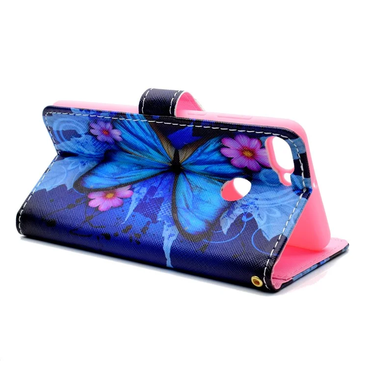 Pattern Printing Phone Leather Wallet Case for Huawei Y9 (2018) / Enjoy 8 Plus - Blue Butterfly