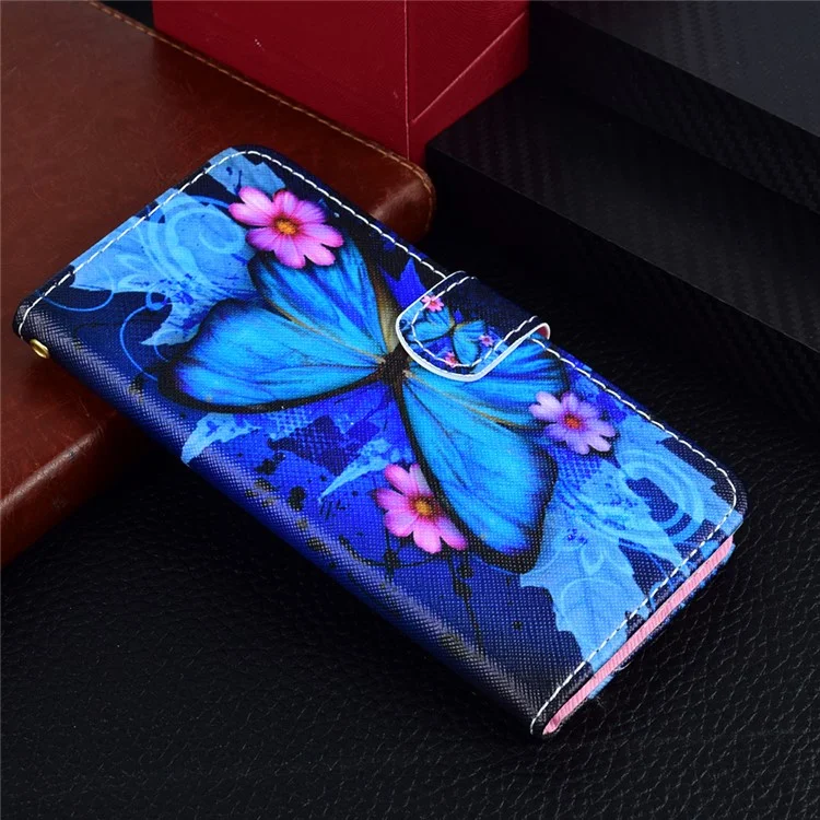 Pattern Printing Phone Leather Wallet Case for Huawei Y9 (2018) / Enjoy 8 Plus - Blue Butterfly