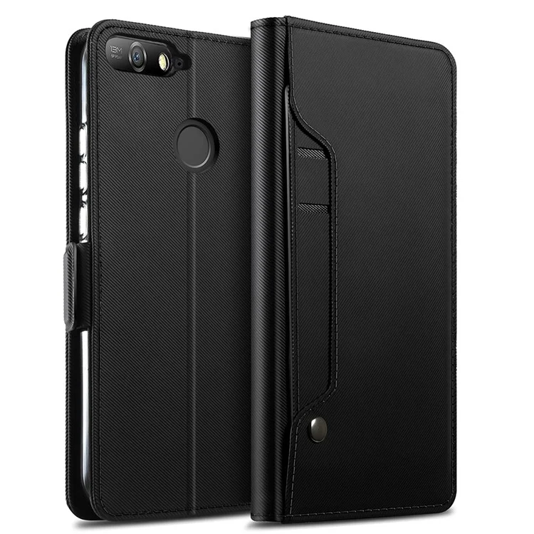 For Huawei Enjoy 8E / Honor 7A Pro / Honor 7A (with Fingerprint Sensor) Leather Wallet Stand Mobile Casing with Makeup Mirror - Black