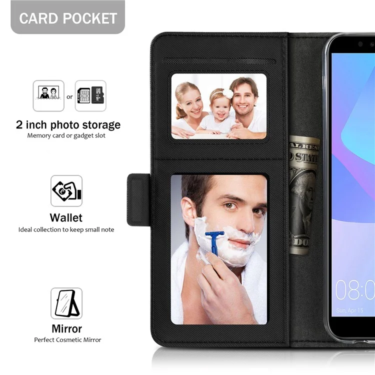 For Huawei Enjoy 8E / Honor 7A Pro / Honor 7A (with Fingerprint Sensor) Leather Wallet Stand Mobile Casing with Makeup Mirror - Black