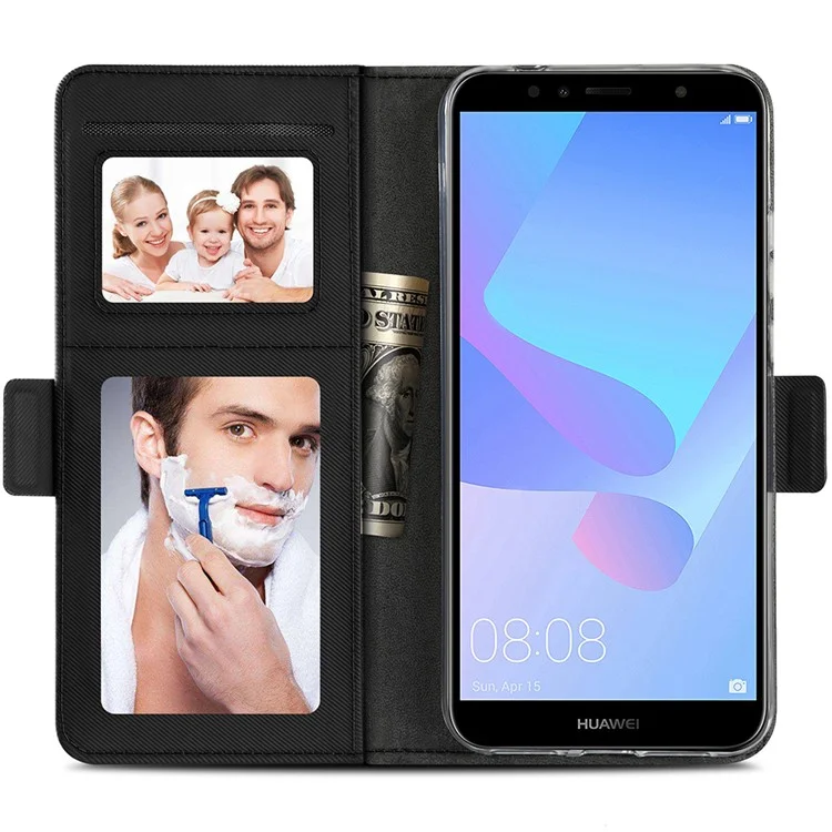For Huawei Enjoy 8E / Honor 7A Pro / Honor 7A (with Fingerprint Sensor) Leather Wallet Stand Mobile Casing with Makeup Mirror - Black