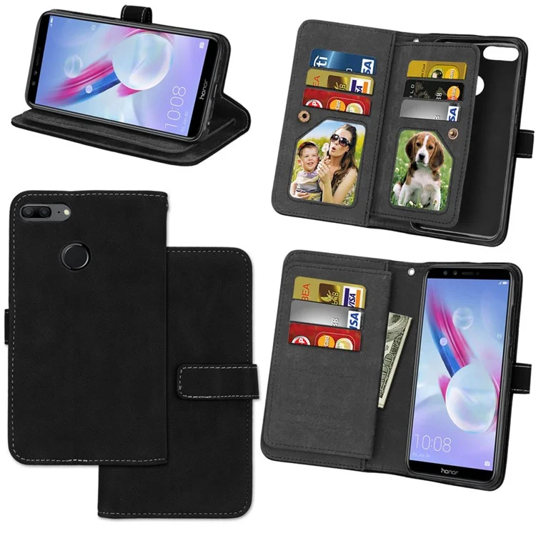 Matte Surface 9 Slots PU Leather Stand Case for Huawei Honor 9 Lite/9 Youth Edition - Black