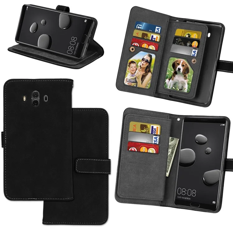 For Huawei Mate 10 Matte Surface 9 Slots Wallet PU Leather Case with Bracket - Black
