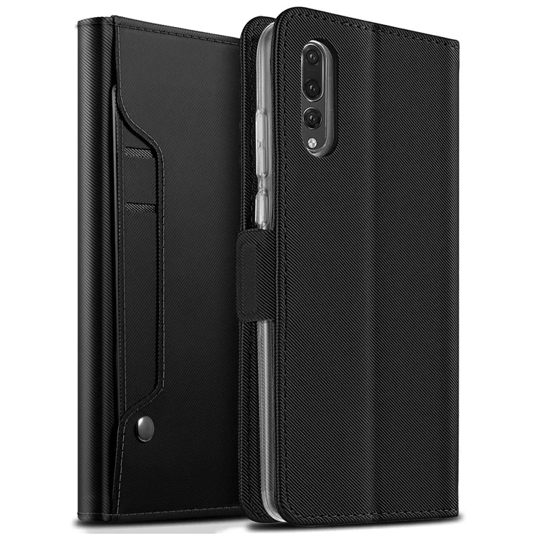 For Huawei P20 Pro Leather Wallet Stand Case with Card Holder and Makeup Mirror - Black