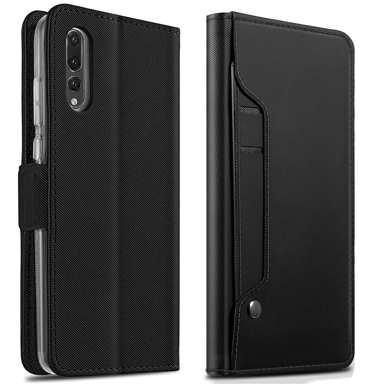 For Huawei P20 Pro Leather Wallet Stand Case with Card Holder and Makeup Mirror - Black